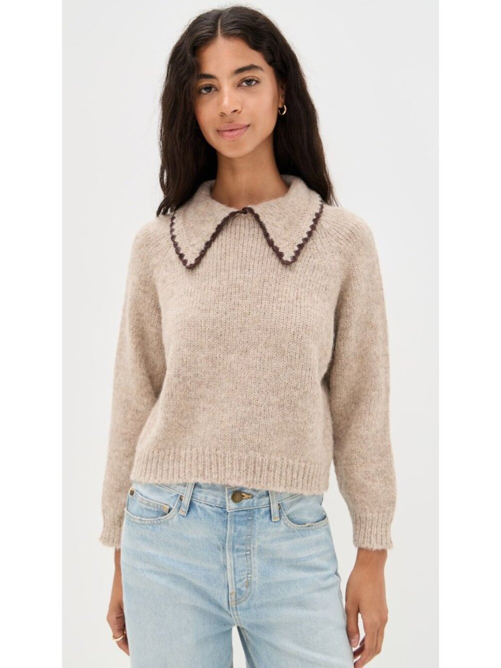 The Great Crochet Collar Pullover in Oat Brown 1 Small Womens Sweater